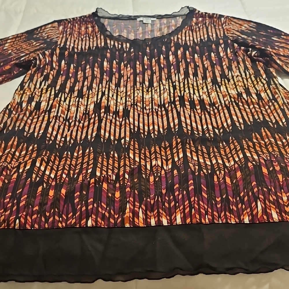 Cato Multicolor Abstract Stripe Long Sleeve Top - Black, Orange & Pink